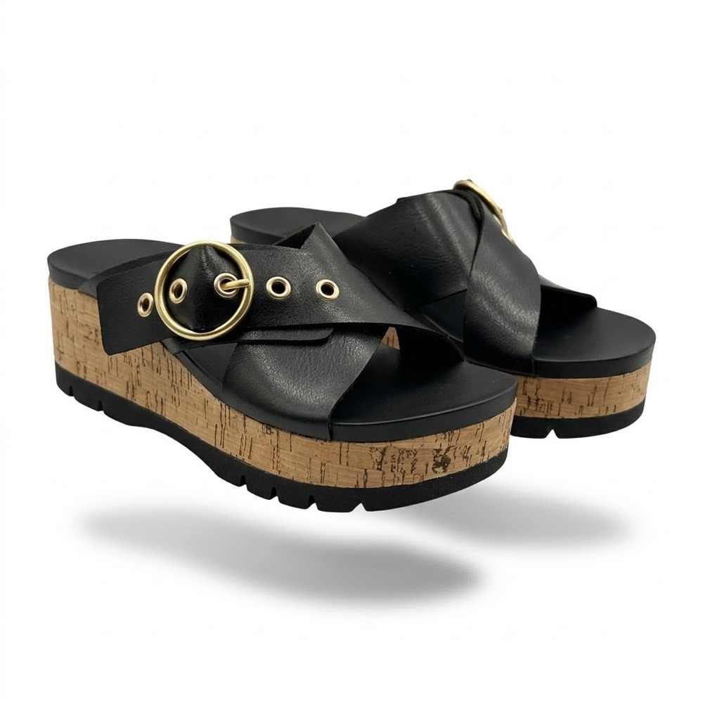 Reef Vista Higher Gia Sandal Women 6 Black NEW Platform Cork Buckle CJ7133